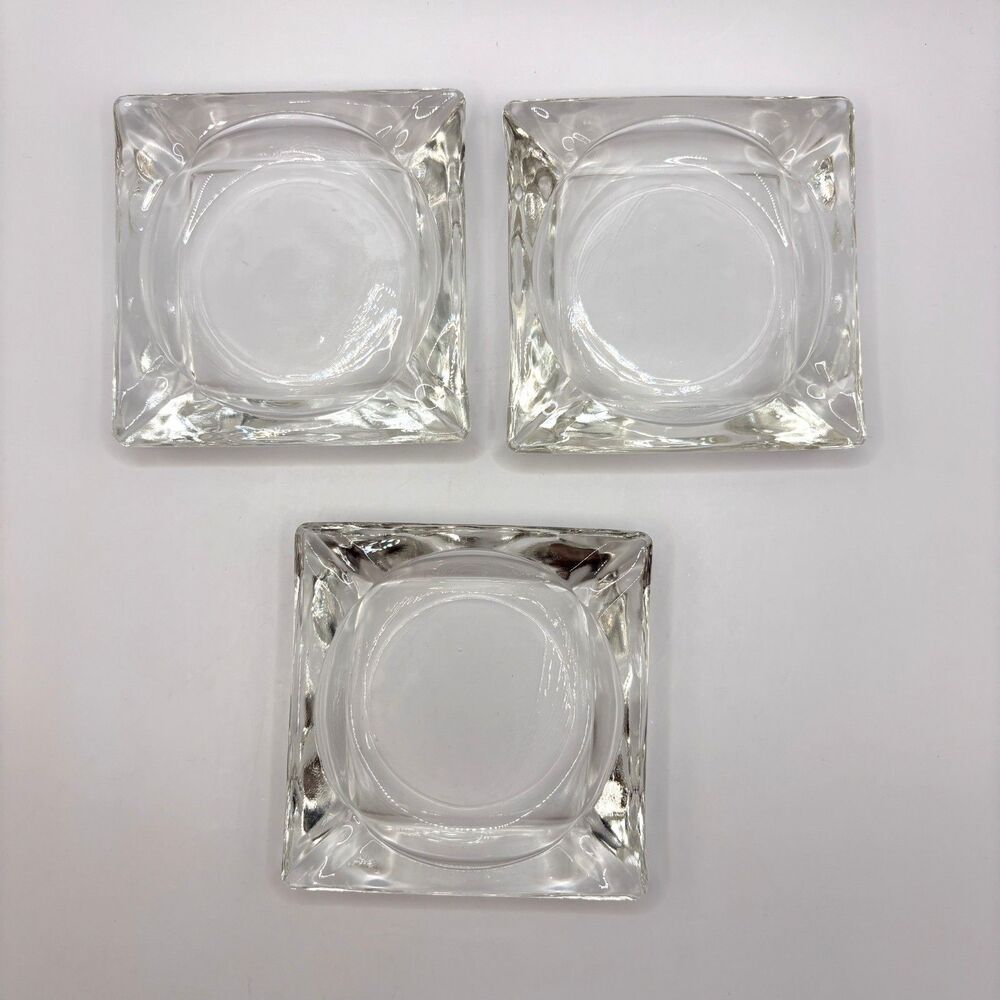 3 Vtg MCM Heavy Clear Glass Ashtray Square 3.5 x 3.5 Mid Century Modern Catchall